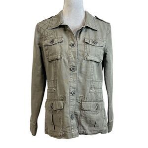 Eddie Bauer Women's Green Linen Utility Jacket S Mid-Length Cargo Adjustable